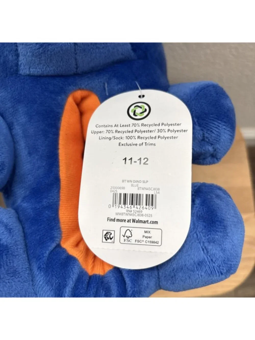 Wonder Nation Toddler Little Boys Blue Dino Slipper Size 11-12 Color Blue New
